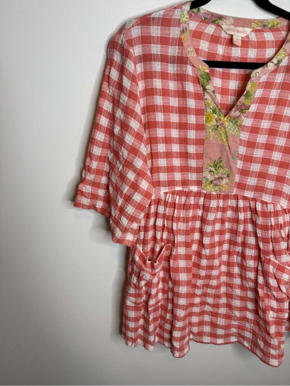 April Cornell Coral and White Gingham Peasant Top with Floral Trim size XL - Picture 2 of 7